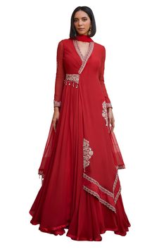 Buy Red Anarkali Georgette Embroidery Tilla Scallop Gulnar With Dupatta For Women by Isha Gupta Tayal Online at Aza Fashions. Anarkali Georgette, Isha Gupta, Beautiful Gown Designs, Western Dresses For Girl, Red Anarkali, Diwali Outfits, Indian Outfits Lehenga, Embroidered Anarkali