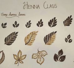 a sheet of paper that has different leaves on it and the words henna class written in brown ink