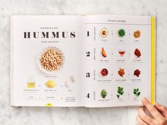 an open book showing the contents of hummus, including broccoli and other foods