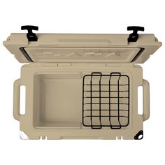 the inside of an open, beige cooler with black handles and latches on it