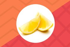 two slices of lemon sitting on top of a white and red plate with an orange background