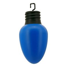 a blue light bulb hanging from a black plastic holder on a white background with clippings