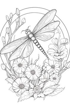 a dragonfly sitting on top of flowers in the middle of a circle with daisies