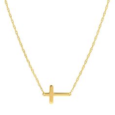 "Display your faith in an elegant way when you add this polished sideways cross to your neckline. This piece can be worn on its own or layered with other chains for a bolder statement. Display your faith in an elegant way when you add this polished sideways cross to your neckline. This piece can be worn on its own or layered with other chains for a bolder statement. Pendant size: 1/4""L x 3/8""W Chain length: 18 in. Chain type: rope Clasp: spring ring Metal: 14k gold Finish: polished Packaging: Gold Cross Necklace, Statement Pendant, Ring Metal, Gold Cross, Packaging Box, Adjustable Necklace, Metal Rings, Spring Rings, Chain Lengths