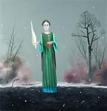 a painting of a woman holding a knife in her hand with trees and bushes behind her