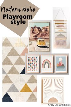 the modern boho playroom style is featured in this postcard with an assortment of pictures