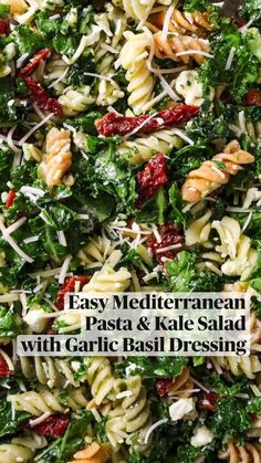 pasta and kale salad with garlic basil dressing