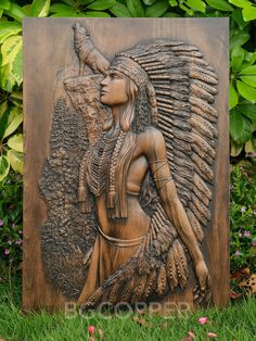 A Native American wood carving featuring a woman is a beautiful and symbolic piece of art that can add a touch of culture and spirituality to any room. With its intricate details and graceful design, this carving can be a stunning centerpiece or focal point of any space.Women hold a special place in Native American culture. They are often revered as caregivers, healers, and spiritual leaders. A wood carving of a Native American woman can serve as a powerful symbol of these values, and can be ... Art Sculpture En Bois, Norse Goddess Of Love, Home Sculpture, Vikings Show, Odin's Ravens, Wolf Wall Art, Norse Goddess, Norse Pagan, Sculpture Wall