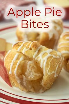 apple pie bites on a plate with apples in the background and text overlay that reads, apple pie bites