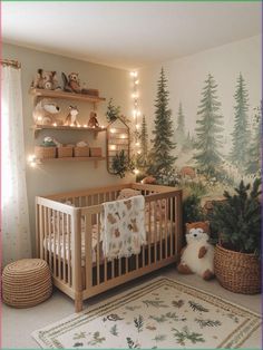 a baby's room decorated with christmas trees and lights