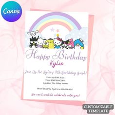 a birthday card with cats and rainbows in the sky, on a pink background