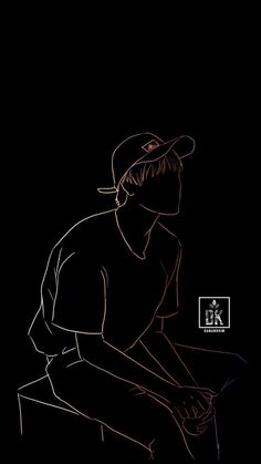 a drawing of a man sitting on a bench in the dark with his hat up