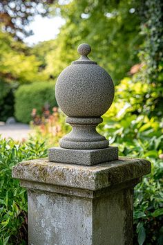 an old stone fence post in the middle of some bushes