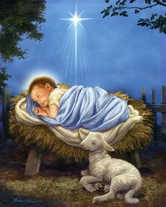 a painting of a baby laying in a manger with a sheep next to it