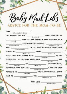 a baby shower game with eucalyptus leaves and the words advice for the mom - to - be