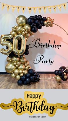 a 50th birthday card with balloons and the number 50 on it in gold, black and silver