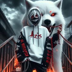 a person in a white hoodie with chains around their ankles and a wolf mask on