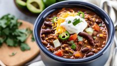 a bowl of chili and beans with sour cream on top, next to avocado