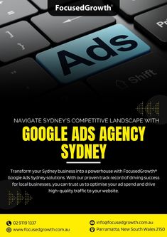 the ad for google ads is displayed on a computer keyboard with yellow and black lettering