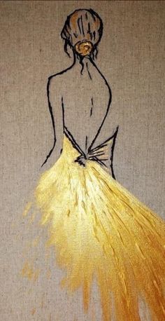 a drawing of a woman in a yellow dress with feathers on it's skirt