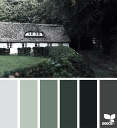 an image of a house in the woods with green and gray colors to match it