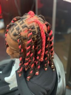 Dreadlock Styles For Birthday, Dread Hair Dye Ideas, 2 Color Dreads, Pink And Black Dreads Men, Men Loc Color Ideas, Dye Locs Men, Dreadlock Color Ideas Men, Dyed Locs Men Dreadlocks, Color Locs Men