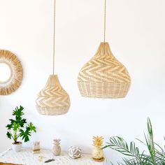 three hanging baskets on the wall above a table with potted plants and other decorations