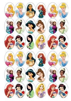 the disney princesses are all in different shapes and sizes, with their names on them