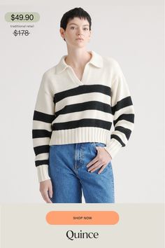 Flex your preppy side in our 100% Organic Cropped Cotton Polo Sweater. This must-have sweater combines effortless style and low-key comfort with its relaxed yet cropped fit and classic polo collar. Made of premium organic cotton, it's soft on your skin and reflects our commitment to sustainability. Pair it with jeans for an everyday casual look or wear it to work with a more tailored trouser. Looking for something warmer? Check out our Mongolian Cashmere Polo Sweater  | Quince | Women's 100% Org Cashmere Polo Sweater, Silk Pajamas Shorts, Cashmere Polo, Polo Sweater, Cotton Polo, Polo Collar, Cotton Sweater, Low Key, Quince