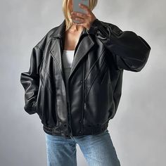 90s Womens Vintage Oversized Jacket, Women Casual Wear Genuine Leather Jacket 🌸The TOWNOFLEATHER soft and supple leather will mold to your body over time, providing a comfortable and personalized fit that you'll love.  **Please Make Sure** This is a modern fit jacket, so please refer to our size chart in the image gallery to ensure it fits properly.  For example, if your chest measurement is 37 to 38 Inches then select size "Medium" 🌸Express yourself in our 90's inspired oversized retro leathe Black Leather Jackets, Big Leather Jacket, Leather Jacket Oversized, Baggy Leather Jacket, Leather Jacket Aesthetic, Oversized Leather Jacket, Womens Biker Jacket, Genuine Leather Jackets, Oversized Style