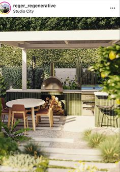 an outdoor kitchen and dining area is featured in the instagram ad for regentative studio city