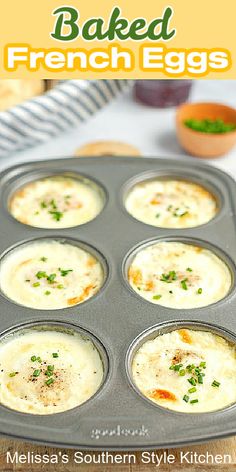 baked french eggs in a muffin tin with parsley on top and the title above it