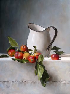 an oil painting of apples and leaves on a white table cloth with a pitcher in the background