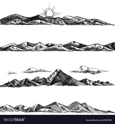 three mountain ranges with sun and clouds in the sky, hand drawn illustration on white paper