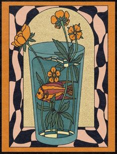 a fish in a vase with flowers inside