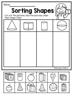 the sorting shapes worksheet is shown in black and white, which includes an image of