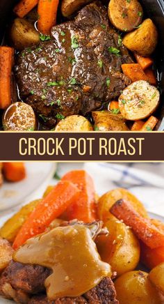 top portion is crock pot roast. bottom portion is video of crock pot roast being made Por Roast Crock Pot Recipes, 3lb Chuck Roast Crock Pot, Roast Beef In Crockpot Recipes, Steak Roast Crockpot, Thanksgiving Pot Roast Recipes, Roast Ideas Crockpot, Crockpot Pot Roast Videos, Pit Roast Crock Pot, Chunk Roast Recipes Crock Pot