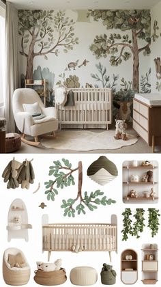 a baby's room with trees and birds painted on the walls, crib bedding, rocking chair, changing table