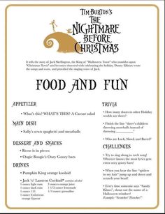 Nightmare Before Christmas Movie Dinner, Nightmare Before Christmas Dinner Party, Nightmare Before Christmas Themed Dinner, Halloween Dinner And A Movie Ideas, Nightmare Before Christmas Dinner Ideas, Nightmare Before Christmas Drinks, Movie Themed Dinner Ideas For Couples