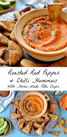 roasted red peppers and chili hummus with homemade pita chips are the perfect appetizer