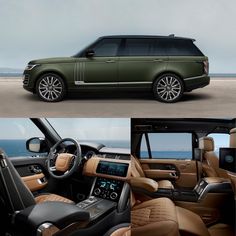 the interior and exterior of a green range rover