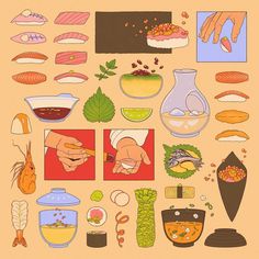 an image of sushi and other food items