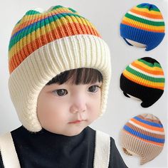 Ear Protection Hats for 1-4 Years Baby Kids Rainbow Knitted Woolen Earmuff Cap Children Winter Kids Rainbow, Bunny Hat, Ear Protection, Rainbow Kids, Earmuffs, Rainbow, Hats