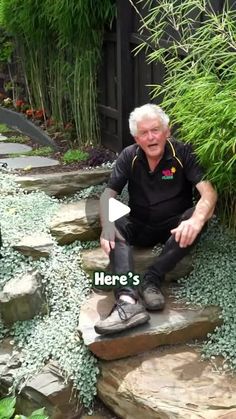 an old man sitting on some rocks in the grass