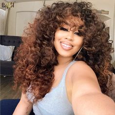 BAISI HAIR Pixie Cut Wig BAISI Sexy Long Bouncy Curl Color Machine Made WIg With Bang Afro Hair Color, Long Layered Curly Hair, Fluffy Curly Hair, Short Cut Wigs, Hair Machine, Healthy Natural Hair Growth, Side Bangs Hairstyles, Layered Curly Hair, Double Drawn Hair