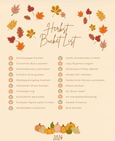 a thanksgiving menu with autumn leaves and pumpkins on the bottom right corner, which reads harvest buffet list