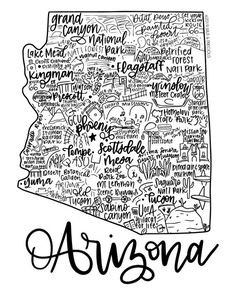 the state of arizona in black and white, with handwritten words on it's map