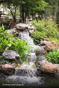 a small waterfall in the middle of a garden