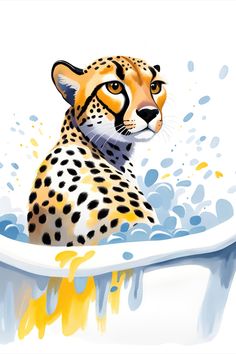 a drawing of a cheetah taking a bath in a tub filled with water