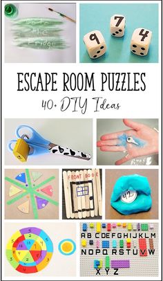 the pin has nine escape room puzzle images.  From dice with numbers to locked scissors and numbers and codes hidden in sticks and play dough. Diy Escape Room For Kids, Diy Escape Room Ideas, Diy Escape Room Puzzles, Escape Room Puzzle Ideas